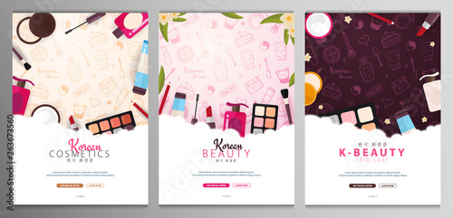 Korean flat cosmetics. Set of K-Beauty banners with hand draw doodle backgrounds. Skincare and Makeup. Vector Illustration.