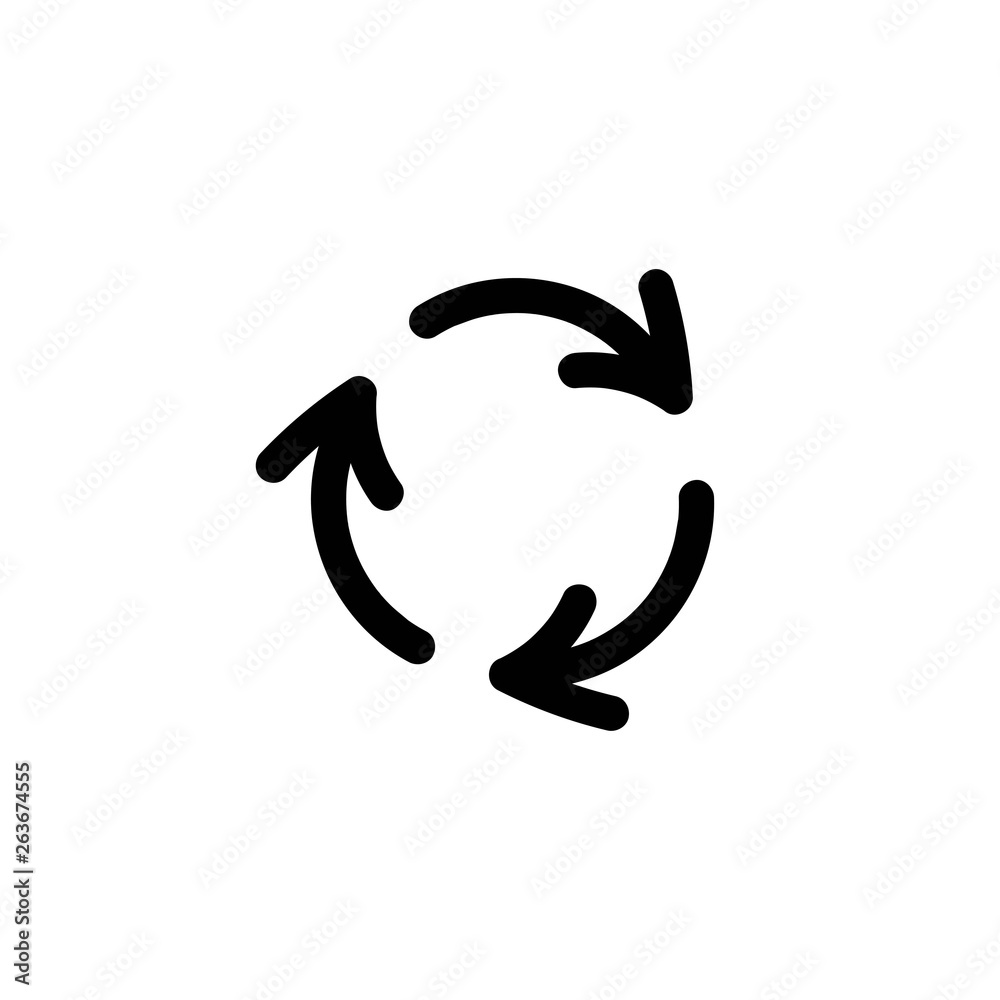 refresh or reload icon. Three black hand drawn round rotation arrows isolated on white. refresh or reload icon. Three black hand drawn round rotation arrows isolated on white.