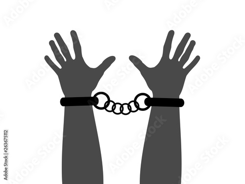 Criminal is wearing cuffs and handcuffs on wrist, hand and arm. Imprisonment because of crime. Vector illustration