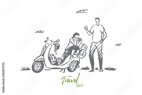 Scooter  travel  couple  adventure  ride concept. Hand drawn isolated vector.