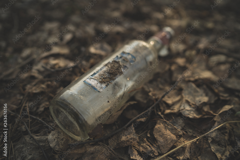 Garbage in the Park or forest, an empty bottle lying on the ground. The concept of environmental pollution, environmental problems of nature.