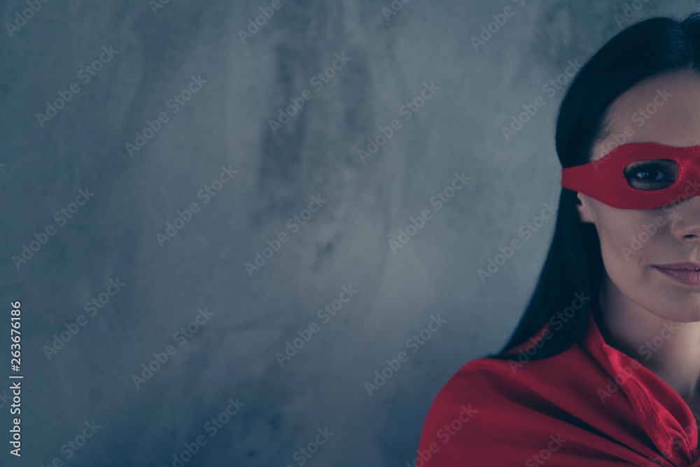 Close-up cropped portrait of her she nice-looking lovely cute charming attractive mysterious lady wearing hero look outfit copyspace isolated over grey concrete wall Close-up cropped portrait of her she nice-looking lovely cute charming attractive mysterious lady wearing hero look outfit copyspace isolated over grey concrete wall