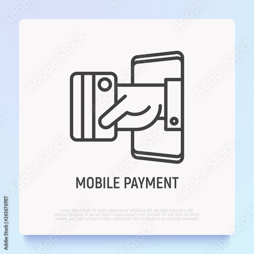 Mobile payment: hand puts out credit card from smartphone. Modern vector illustration.