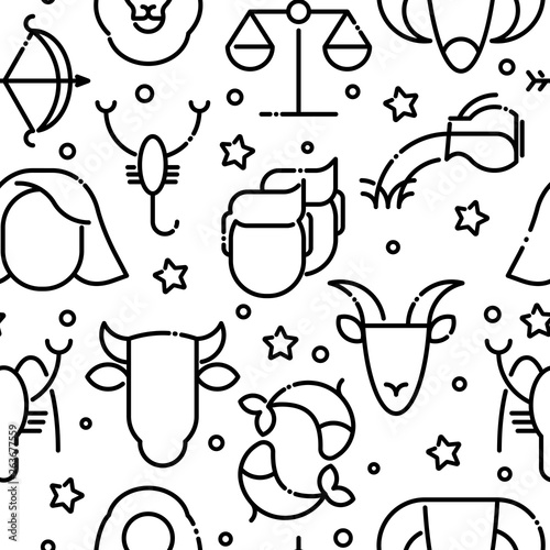 Zodiac signs seamless pattern with thin line icons for banner with horoscope, web site or background. Vector illustration.