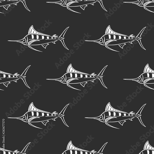 Marlin sailfish character abstract hand drawn vector seamless pattern. Simplified retro illustration. Ocean and sea animal curve paint sign. Doodle sketch. Element for design, wallpaper, fabric print.