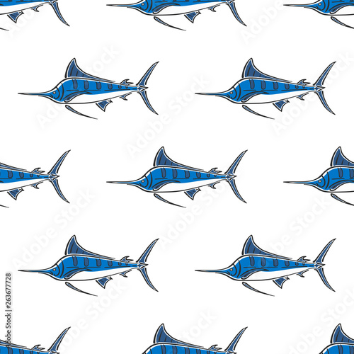 Marlin sailfish character abstract hand drawn vector seamless pattern. Simplified color illustration. Ocean and sea animal curve paint sign. Doodle sketch. Element for design, wallpaper, fabric print.