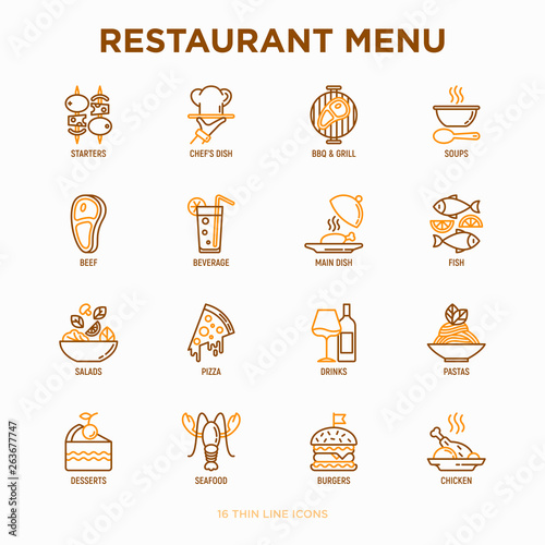 Restaurant menu thin line icons set: starters, chef dish, BBQ, soup, beef, steak, beverage, fish, salad, pizza, wine, seafood, burger. Modern vector illustration. © AlexBlogoodf