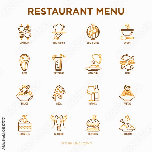 Restaurant menu thin line icons set: starters, chef dish, BBQ, soup, beef, steak, beverage, fish, salad, pizza, wine, seafood, burger. Modern vector illustration.