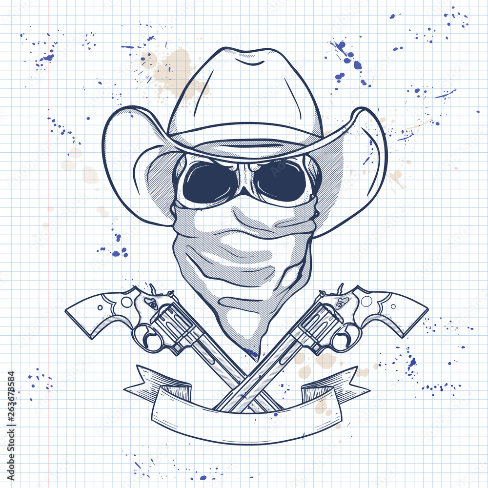 Sketch, skull with cowboy hat, revolver, headscarf face mask on a notebook  page Векторный объект Stock | Adobe Stock