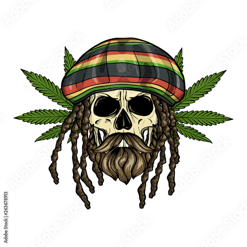 Hand drawn sketch, color skull with dreadlocks, rastaman hat, beard and mustaches and hemp leaf