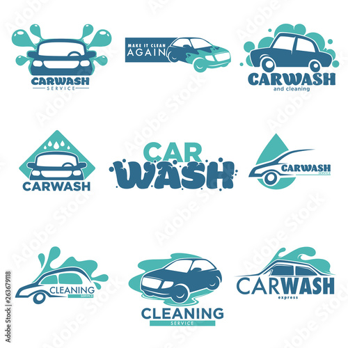 Carwash isolated icons car cleaning service vehicle and transport