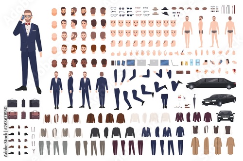 Stylish man dressed in elegant suit creation set or DIY kit. Collection of body parts, clothes, faces, postures, accessories. Male cartoon character. Front, side, back views. Flat vector illustration.