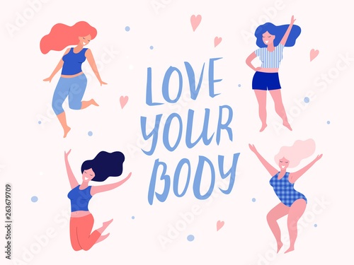 Happy beautiful active plus size girls vector flat  illustration. Body positive concept. Love your body