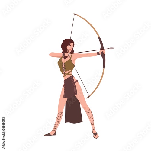 Diana or Artemis, goddess of hunt from Roman or Greek mythology isolated on white background. Brave beautiful woman archer holding bow and aiming or shooting. Flat cartoon vector illustration.