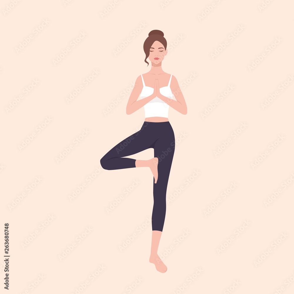 Gorgeous woman practicing Hatha yoga and zen meditation. Pretty female cartoon character standing in Tree pose and meditating. Slim yogi girl isolated on light background. Flat vector illustration.
