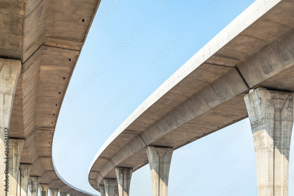 Public architecture intercity Motorway Nakhon Ratchasima Bangpa In to Korat MotorWay during construction under blue sky Public architecture intercity Motorway Nakhon Ratchasima Bangpa In to Korat MotorWay during construction under blue sky