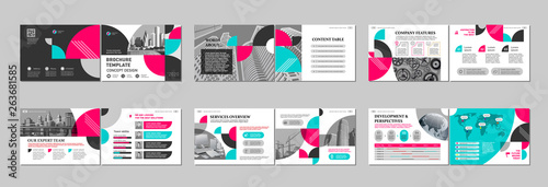 Brochure creative design. Multipurpose template, include cover, back and inside pages. Trendy minimalist flat geometric design. Horizontal landscape a4 format.