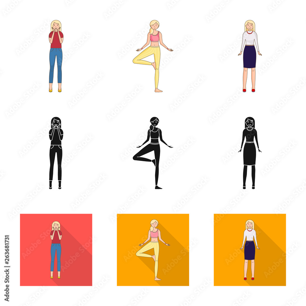 Isolated object of posture and mood symbol. Set of posture and female vector icon for stock. Isolated object of posture and mood symbol. Set of posture and female vector icon for stock.