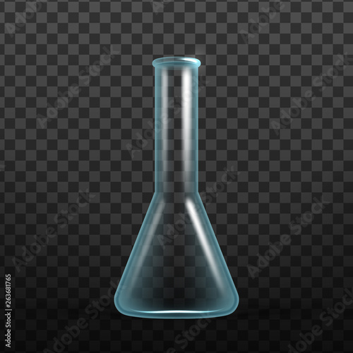 Realistic Chemisrty Science Glass Flask Vector. Titration Flask With Wide Bases, Sides Taper Upward To Long Vertical Neck For Reactive Image Isolated On Transparency Grid Background. 3d Illustration photo