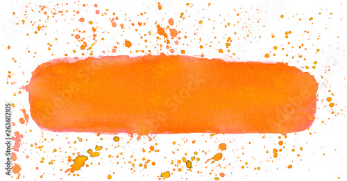 Leerer schmutziger Farbstreifen orange mit Farbspritzern