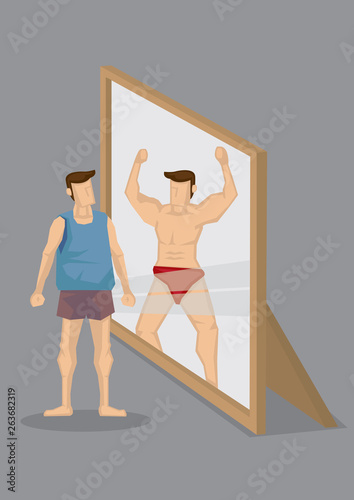 Cartoon Man Sees Himself as Muscular Bodybuilder in Mirror Vector Illustration