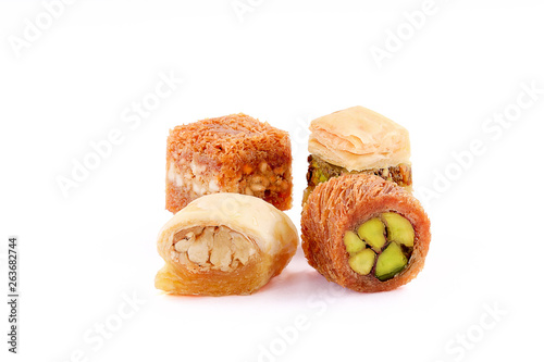 Middle eastern, Turkish sweet pastry baklava isolated on white background