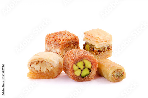 Middle eastern, Turkish sweet pastry baklava isolated on white background