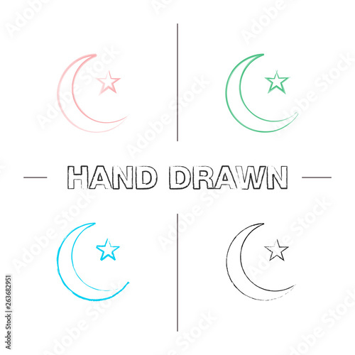 Star and crescent moon hand drawn icons set