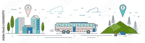 Modern web banner template with bus riding from start point towards tourist camp at finish point