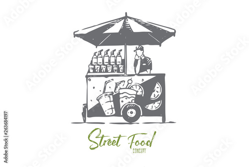Fresh, car, drink, cocktail, street concept. Hand drawn isolated vector.