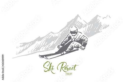 Ski, snow, winter, sport, extreme concept. Hand drawn isolated vector.
