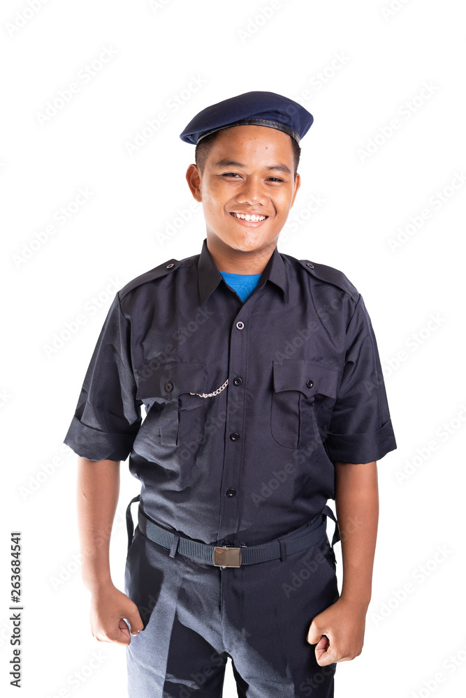 Young Asian man in policeman officer outfit isolated on white background. Copy space.
