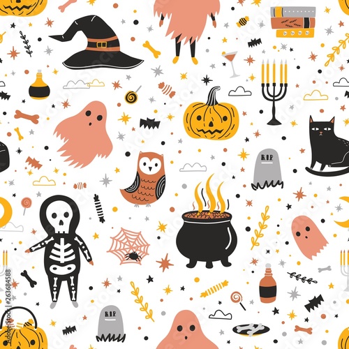 Seamless pattern with cute Halloween creatures and items on white background ...