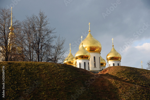 Dormition church. Kremlin in Dmitrov, old historical town in Moscow region, Russia. Color winter photo. Popular landmark.