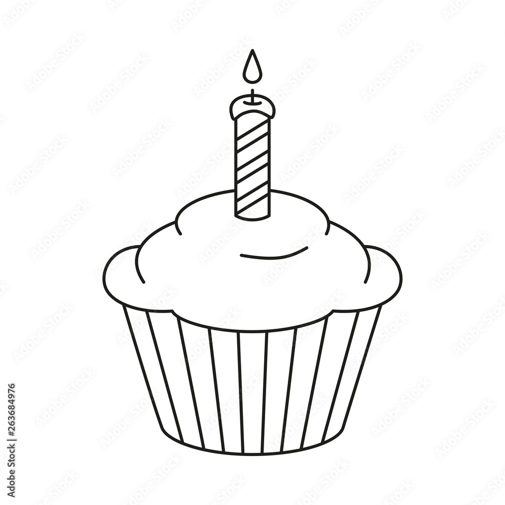 Line art black and white birthday cupcake Stock Vector