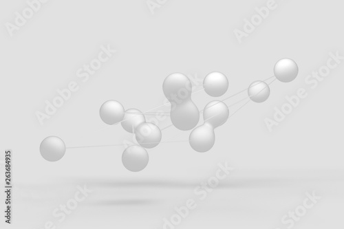 Molecular bonds, round molecules are connected with each other by thin threads. 3D render