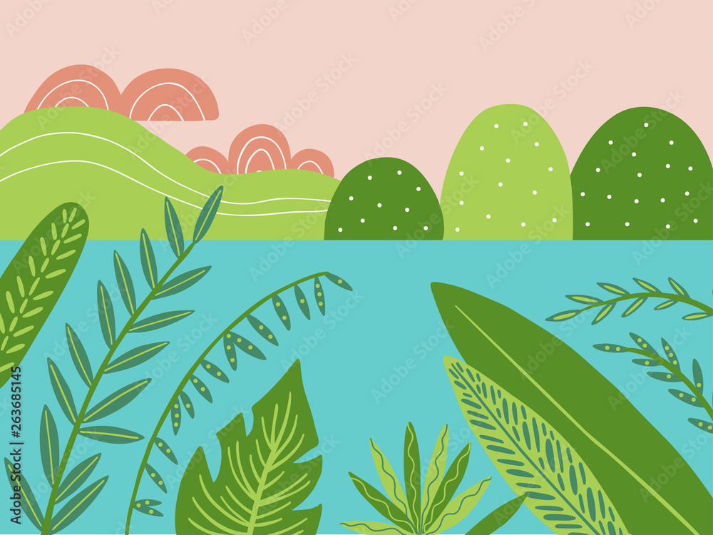 Sunset landscape vector illustration in doodle style. Plants, river and tropical leaves hand drawn background