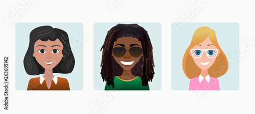 Characters avatars woman female profile in flat cartoon style color illustration