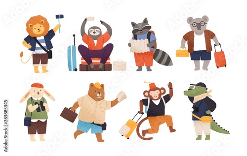 Collection of cute happy wild animals tourists or travellers. Bundle of funny amusing cartoon characters with baggage or luggage going on trip or vacation. Flat childish vector illustration.