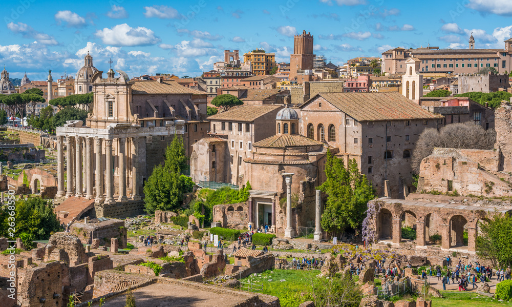 Panoramc view in the Roman Forum in a sunny day. Rome, Italy.