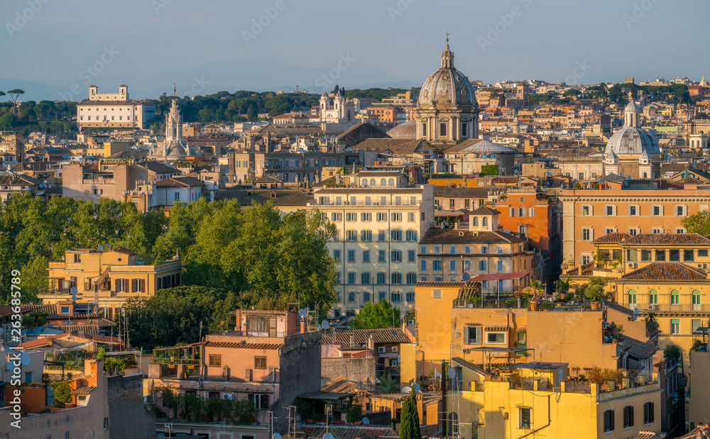 Fototapeta premium Panorama from the Gianicolo Terrace with the dome of Sant'Andrea della Valle and Santissima Trinità dei Pellegrini church in Rome, Italy.