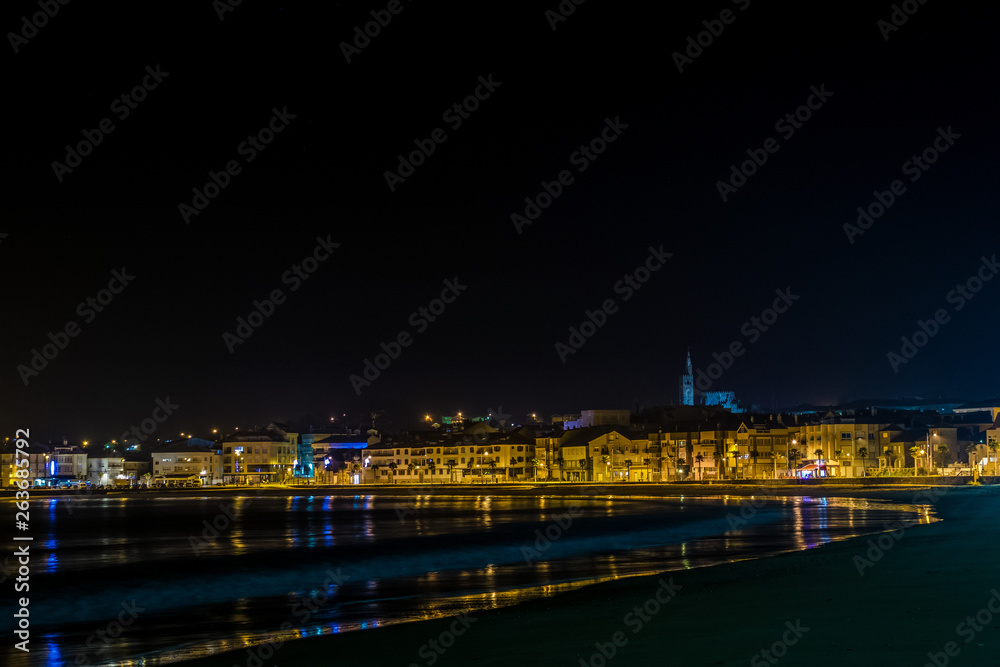 Panoramic night view of the town of Panxon. Small tourist town of the Rias Baixas