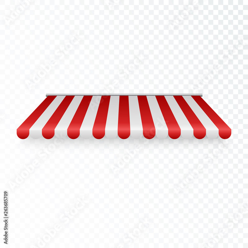 Outdoor awning. Striped tent or textile roof for retail shop. Red and white sunshade. Vector illustration