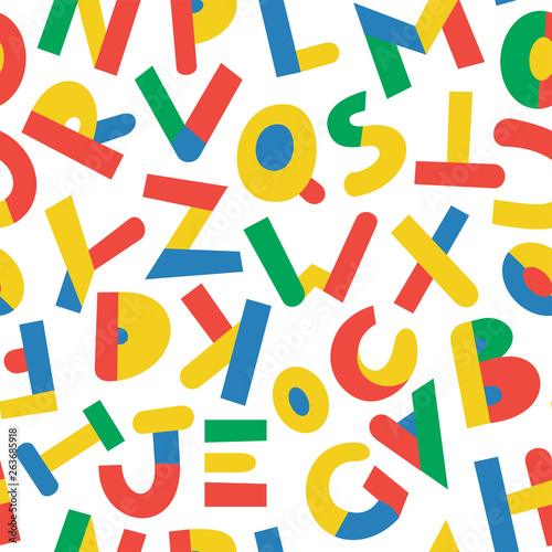 Seamless pattern with color letters. Kid alphabet. Can be used on packaging paper, fabric, background for different images, etc. White background.