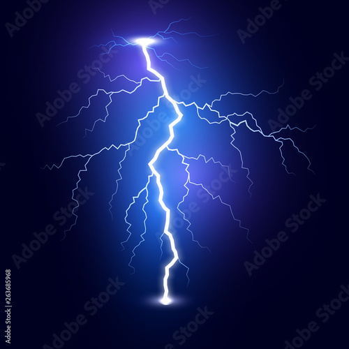 Lightning flash bolt. Thunderbolt isolated on dark background. Blue lightning template. Vector illustration