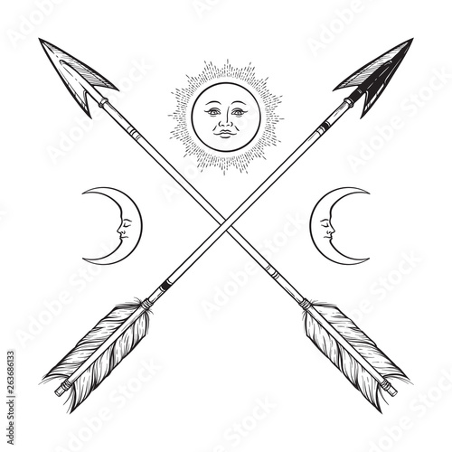Crossed arrows with crescents and full moon line art. Boho sticker, print or blackwork flash tattoo art design vector illustration