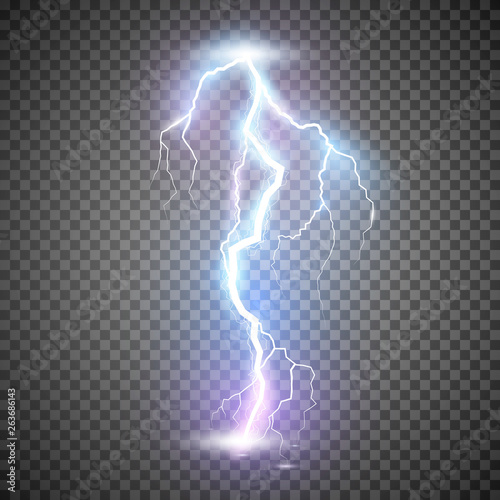 Lightning. Thunder storm realistic lightning. Magic and bright light effects. Vector Illustration isolated on transparent background photo