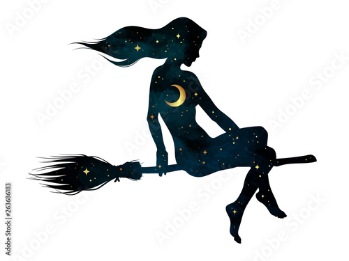 Silhouette of beautiful witch girl on a broom with crescent moon and stars in profile isolated hand drawn vector illustration