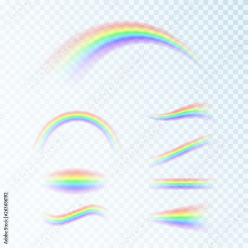 Rainbow set in different shapes. Fantasy art design. Spectrum of light, seven colors. Vector illustration isolated on transparent background