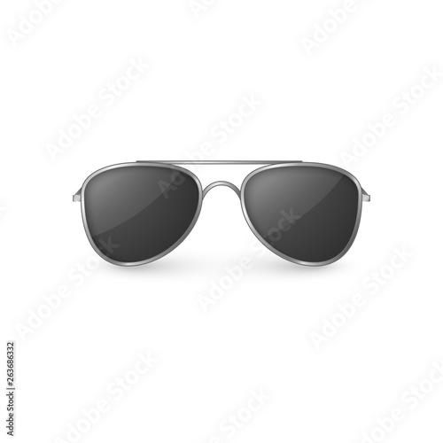 Realistic sunglasses front view. Plastic glasses with shadow. Vector illustration isolated on white background